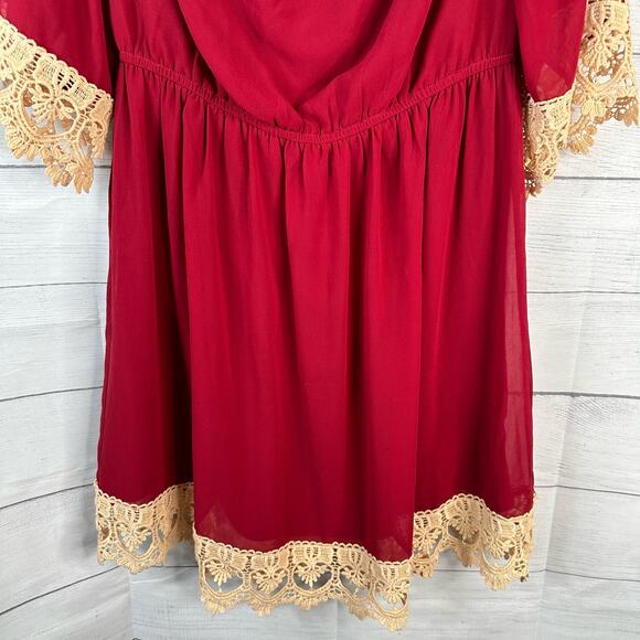Umgee Womens size Large Lace Crochet Hem Mini Dress Red Boho Holiday - Picture 6 of 8